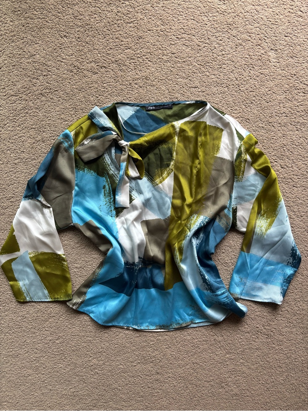 Zara Multicolor Tie-Neck Blouse Blue & Olive Boho Office Siren Size S